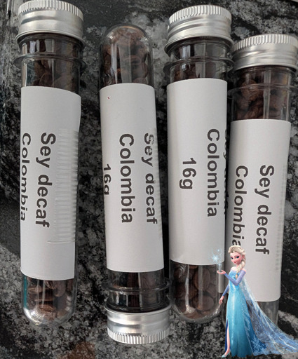 frozen coffee labeled in vials via a thermal receipt printer