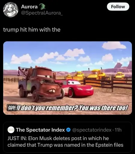 a tweet from "@SpectralAurora_". The tweet reads "trump hit him with the" and includes a GIF from the Cars show Maters tall tales, showing Mater telling Lighting McQueen "Don't you remember? You was there too!". Below this, there's a retweet from "@spectatorindex" that says "JUST IN: Elon Musk deletes post in which he claimed that Trump was named in the Epstein files".
