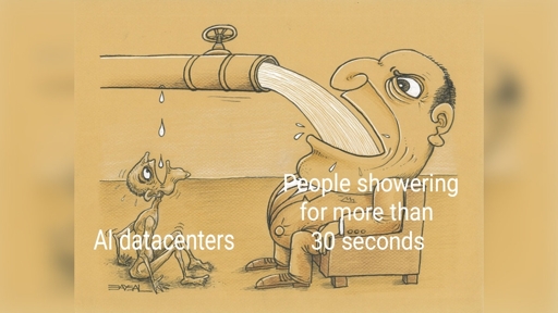 A big pipe transporting water.

A fat man in a suit sits on an armchair, receiving most of the water, with the caption "People showering for more than 30 seconds".

A malnourished man sits on the floor under the pipe, drinking a few drops that drips from a small leak under the pipe, with the caption "A.I. datacenters".