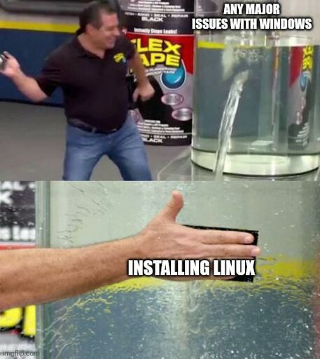 Two-panel meme image. Top panel: A man in a black polo shirt and blue jeans stands beside a container with water pouring into it; the container features “FLEX TAPE” branding. Text overlay reads “ANY MAJOR ISSUES WITH WINDOWS”. Bottom panel: A close - up of a hand using a tool to smooth liquid on a glass surface. Text overlay reads “INSTALLING LINUX”. The meme humorously contrasts the perceived difficulty of Windows issues with the smooth ease of installing Linux, using the Flex Tape analogy to highlight the difference.