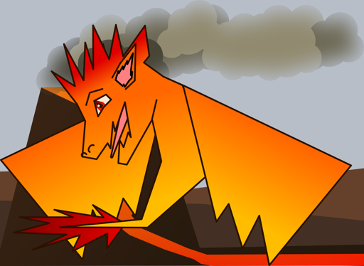 An image of a dragon, behind the dragon is a volcano and a wasteland. The volcano is spewing smoke. The dragon has red spikes on its head, and tail