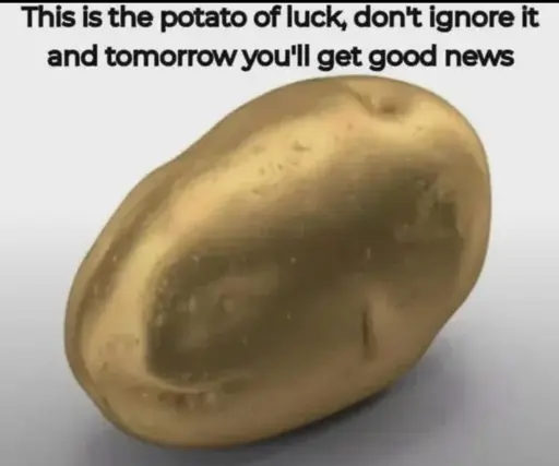 Picture of a golden potato with the caption "This is the potato of luck, don't ignore it and tomorrow you will get good news"